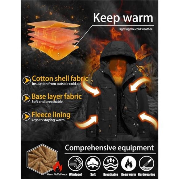 TACVASEN Men's Winter Jacket Cotton Military Jackets Fleece Lined Thick Work - Picture 3 of 7